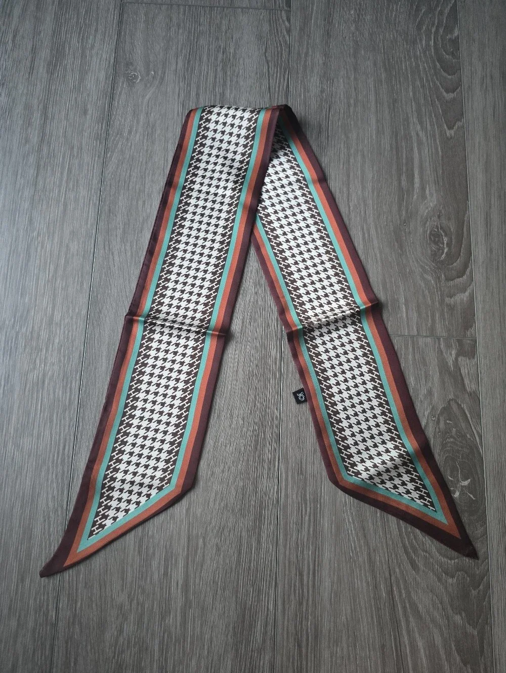 Skinny Silky Twilly Scarf Houndstooth Brown Teal Rust Neck Hair Bag Ribbon Wrap
